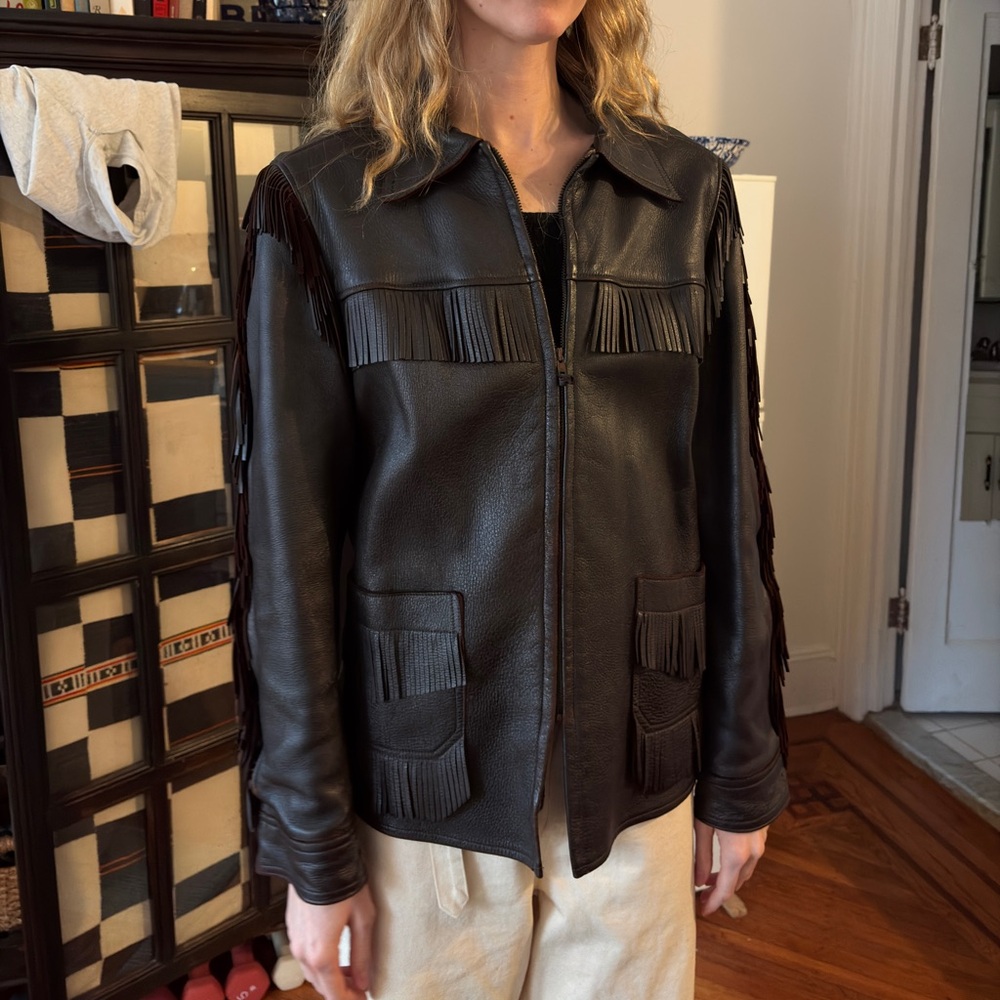 Fringed Leather Jacket - Dark Brown - image 7